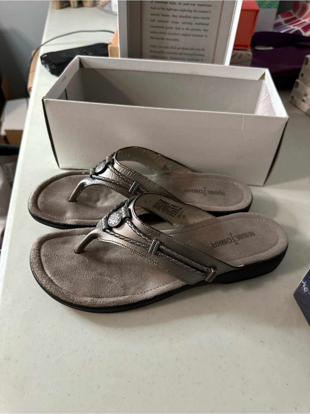 Minnetonka Metallic Taupe Thong Sandals